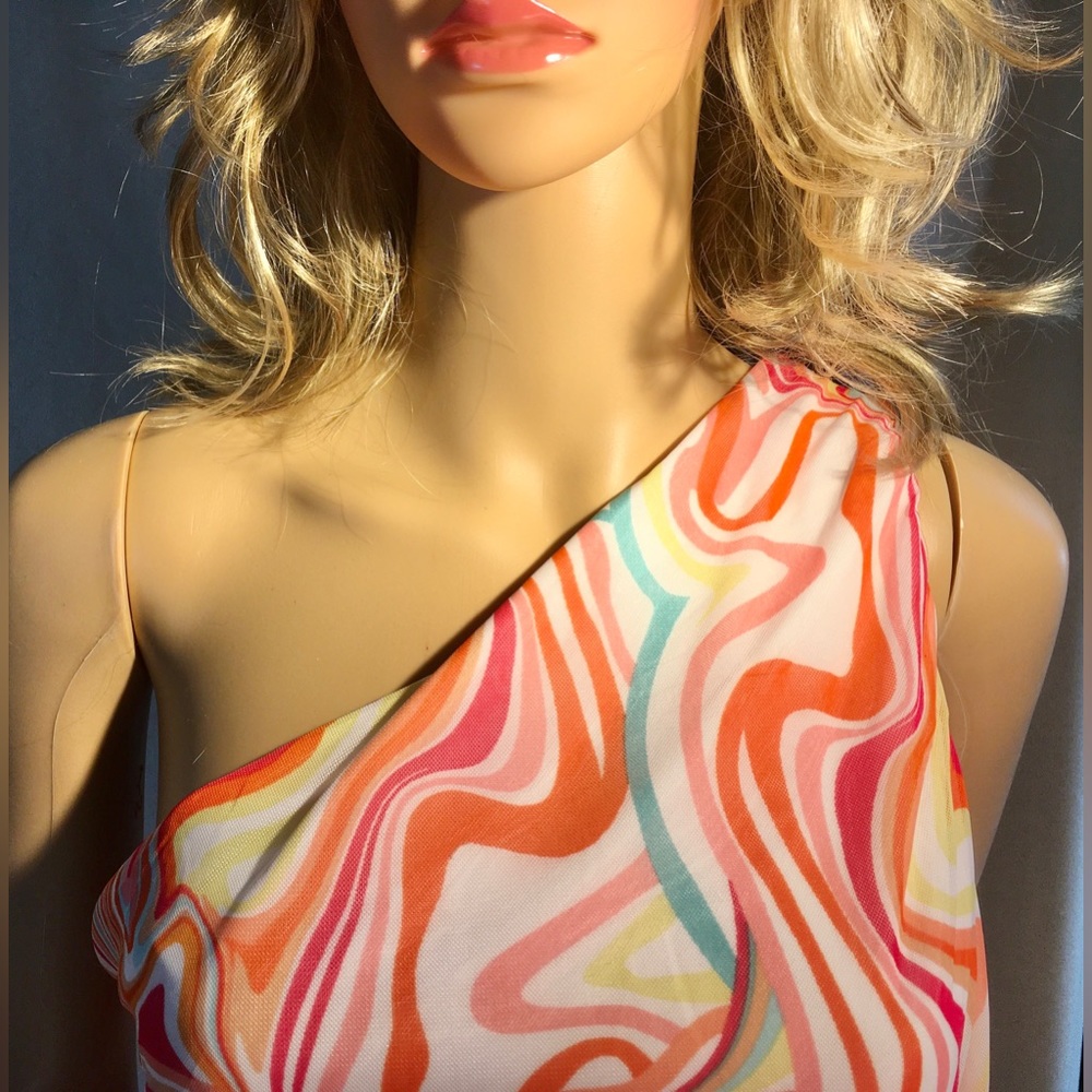 LOVE X DESIGN Orange Pink one shoulder stretch mesh knee MIDI cocktail dress